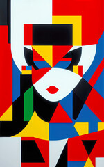 Colorful cubist abstract art painting with the form of a female Harlequin character