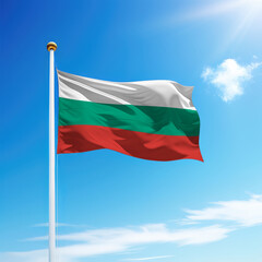Waving flag of Bulgaria on flagpole with sky background.