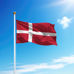 Fototapeta na wymiar Waving flag of Denmark on flagpole with sky background.