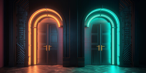 Glow in the dark blind arch on the wall, in the space style, and in the style of the hologram. Generative AI