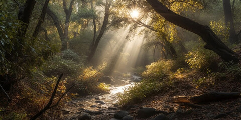 Forest stream and the rays of the sun illuminating the forest space through a light fog. Generative AI