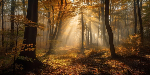 Landscape of autumn deciduous forest in sunny and slightly foggy weather. Generative AI