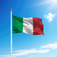 Naklejka na ściany i meble Waving flag of Italy on flagpole with sky background.