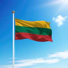 Waving flag of Lithuania on flagpole with sky background.