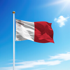 Fototapeta na wymiar Waving flag of Malta on flagpole with sky background.