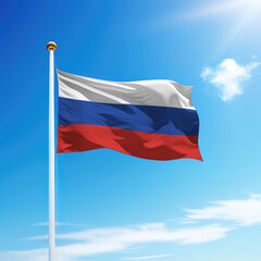 Waving flag of Russia on flagpole with sky background.