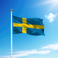 Waving flag of Sweden on flagpole with sky background.