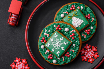 Beautiful bright colorful homemade gingerbread cookies on a ceramic plate