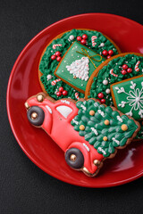 Beautiful bright colorful homemade gingerbread cookies on a ceramic plate