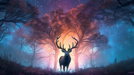 fantastic landscape lone deer fantasy style. dream fairy tale magic art. Generative AI