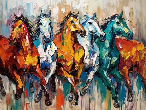 Colorful Oil painting of a herd of galloping wild horses. Animal painting collection for decoration, wallpaper, and interior.
