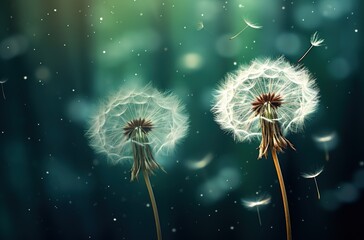 Dandelion seeds flying on a blue turquoise background
