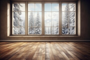 Winter View of an Empty Room with Wooden Floor and Window Framing Snowy Fir Trees. AI