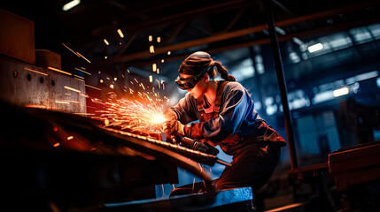 Fototapeta na wymiar Woman industrial welder with blowtorch at work. Generative AI. 4