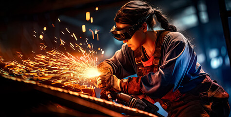 Woman industrial welder with blowtorch at work. Generative AI. (1) - obrazy, fototapety, plakaty