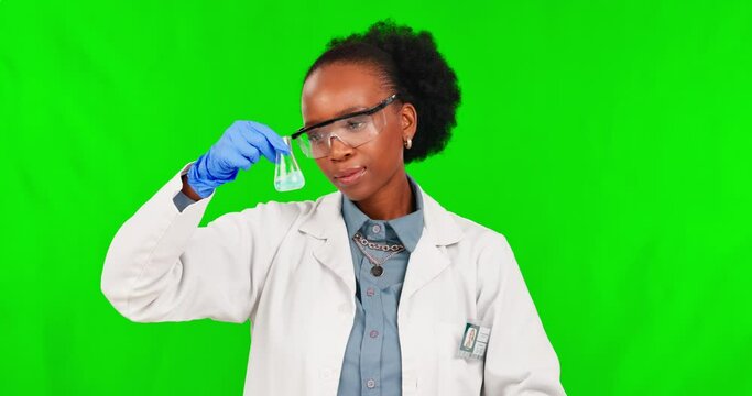 Green screen, science and black woman with chemistry, fail and research with glass beaker on studio background. Mistake, scientist or student or expert in experiment, test and safety in laboratory