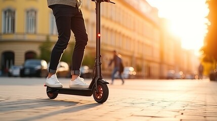 Illustration of a person's legs standing on an electric scooter