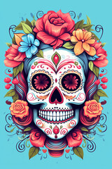 La Catrina dia de muertos Skull. Bemalter Schädel mit Blumen Deko in bunt. Tag der Toten in Mexico. Hochkant. Hochformat. Generative Ai.