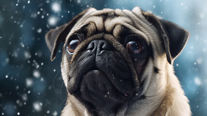 pug winter greeting card. Generative AI