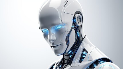 White android robot with glowing blue eyes, face portrait, AI generated illustration