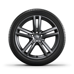 Obraz premium Car wheel on light alloy disc isolated on white background with soft shadow, AI generated image