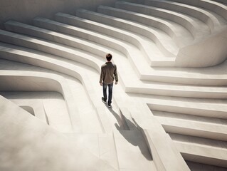 A man walks white stairs of a concrete labirynth, rear view, AI Generated illustration
