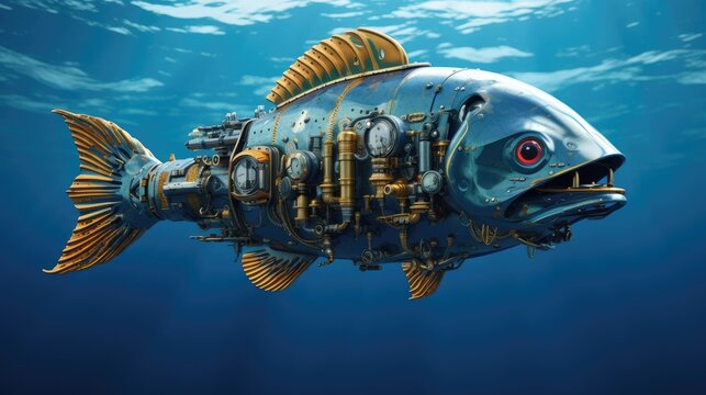 Mechanical submarine fish is in blue ocean water, abstract underwater illustration, AI generated image