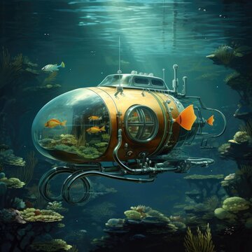 Bathyscaphe fish is in blue ocean water, abstract underwater illustration, AI generated image