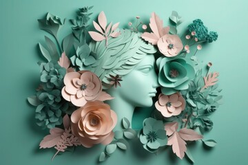 Paper doll face with flowers and leaves on green background. 3d rendering. Generative AI.