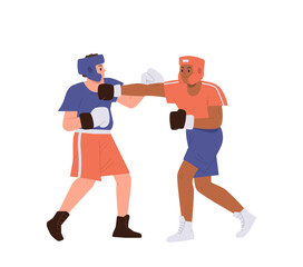 Man boxing wearing gloves, protective helmet with sparring partner having fight against each other
