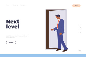 Next level concept for business landing page with pensive businessman character opening door