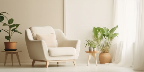 Fototapeta premium an armchair in a bright modern minimalist interior against a wall background. Generative AI