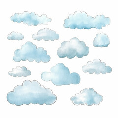 a set of watercolor painted clouds on a white background isolated. Generative AI