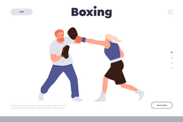 Fototapeta na wymiar Boxing landing page design template with cartoon trainer teaching young woman boxer to fight