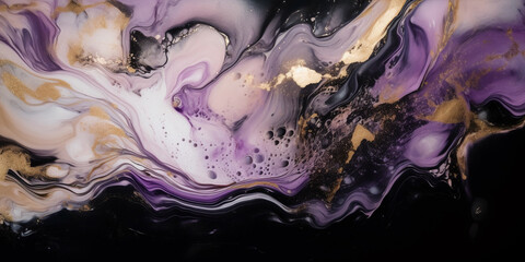 Alcohol ink art background with purple, gold and black colors. 