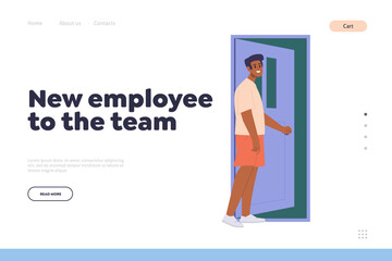 New employee to team concept for business landing page design template with job seeker at open door