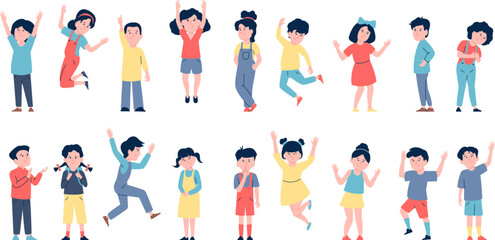Happy jumping energetic kids. Isolated children, cartoon laughing funny kid. Active child, school or kindergarten recent vector flat characters