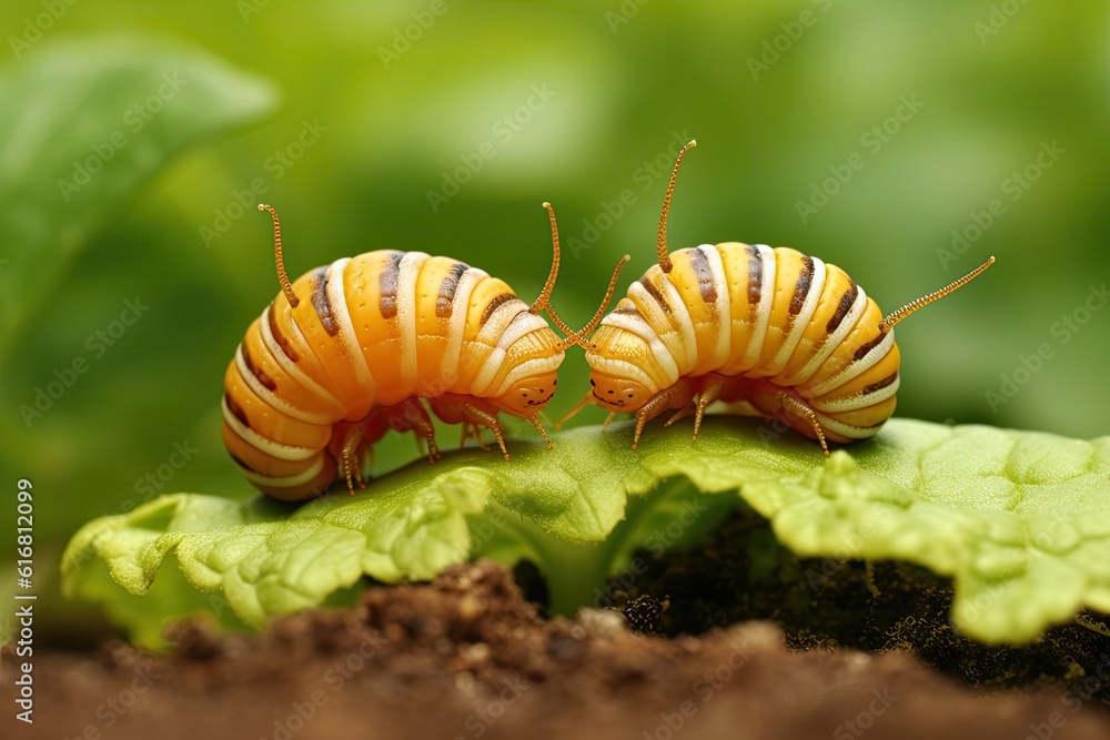 Wall mural illustration of two insects perched on a vibrant green leaf