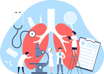 Pulmonology concept, healthcare lung check in clinical. Research and treatment pneumonia, doctors diagnostics bronchitis, recent vector scene