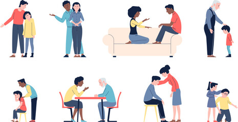 Couple and family consoled, friend in grief together. Parents support children, empathy and friendly characters. Relationship recent vector scenes