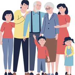 Cartoon happy family, grandma grandpa and kid. Generations stand together, happy grandparents, parents and children. Flat recent vector characters