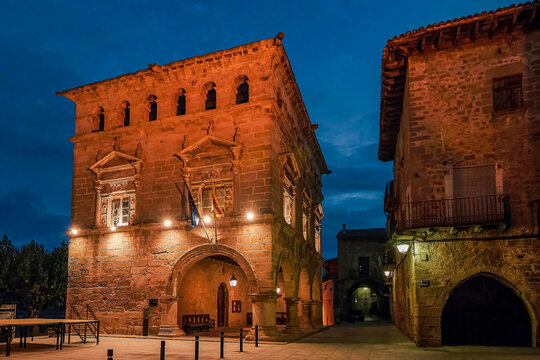 Town Hall and historic center at night in the town of Arnes, Ter