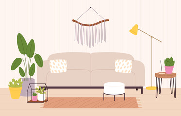 Room interior scandinavian style. Living room decorations, relax room design with cozy sofa, plants and decor. Racy indoor furniture vector scene © LadadikArt
