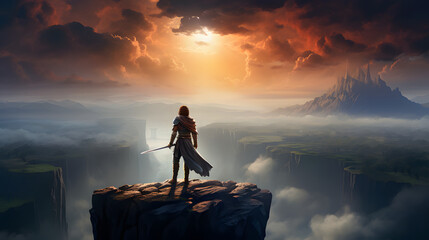 hero wielding a runic sword, standing on the edge of a cliff overlooking a vast kingdom at dusk - obrazy, fototapety, plakaty