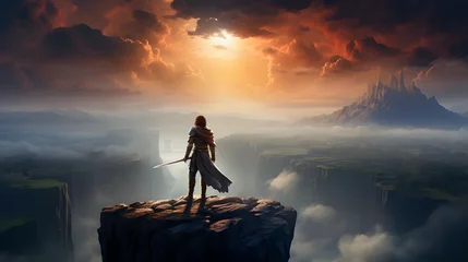 Foto op Canvas hero wielding a runic sword, standing on the edge of a cliff overlooking a vast kingdom at dusk © Forge Spirit