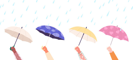 Umbrellas in hands banner. Rainy day, storm and hand holding umbrella. Business concept, bad autumn winter weather, season racy vector scene