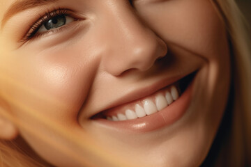 Close-up portrait photography highlighting the radiant smile and natural beauty of a happy individual. Generative AI