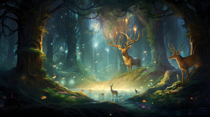 enchanting forest scene with magical creatures gathering around a luminous crystal