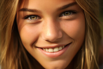 Close-up portrait photography highlighting the radiant smile and natural beauty of a happy individual. Generative AI