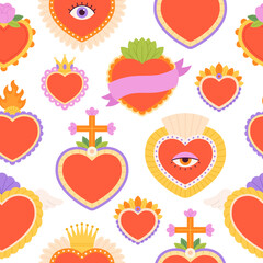 Mexican hearts seamless pattern, heart fabric print. Mexico style sacred elements background, love and flowers spiritual racy vector texture